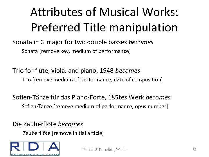 Attributes of Musical Works: Preferred Title manipulation Sonata in G major for two double