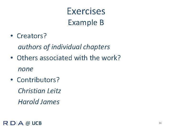 Exercises Example B • Creators? authors of individual chapters • Others associated with the