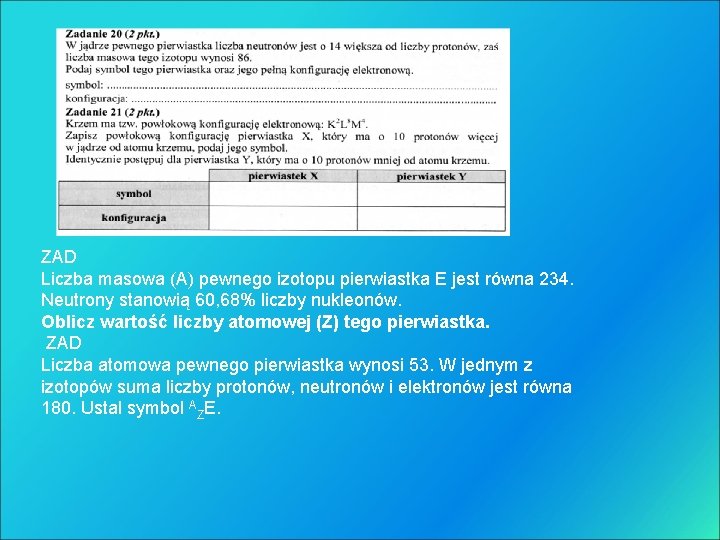 ZAD Liczba masowa (A) pewnego izotopu pierwiastka E jest równa 234. Neutrony stanowią 60,