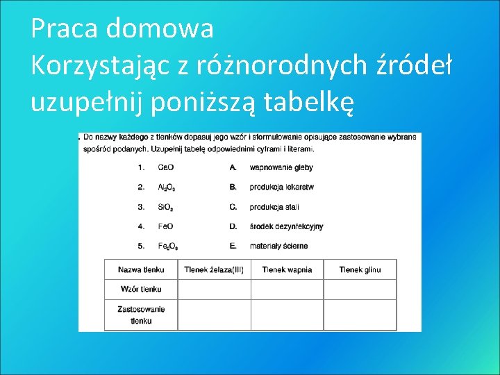 Praca domowa Korzystając z różnorodnych źródeł uzupełnij poniższą tabelkę 