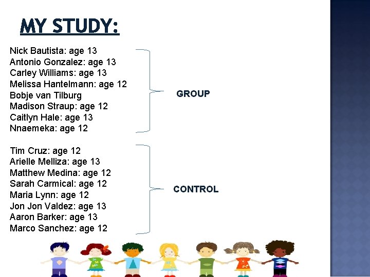 MY STUDY: Nick Bautista: age 13 Antonio Gonzalez: age 13 Carley Williams: age 13 MY STUDY: Nick Bautista: age 13 Antonio Gonzalez: age 13 Carley Williams: age 13