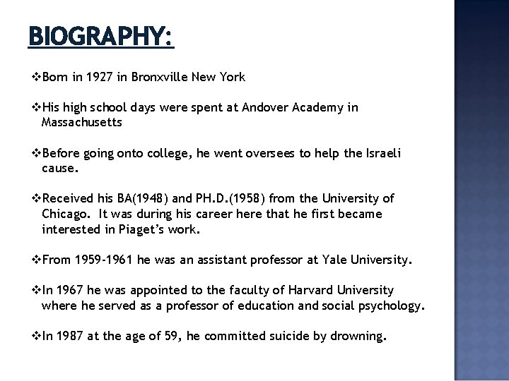 BIOGRAPHY: v. Born in 1927 in Bronxville New York v. His high school days BIOGRAPHY: v. Born in 1927 in Bronxville New York v. His high school days