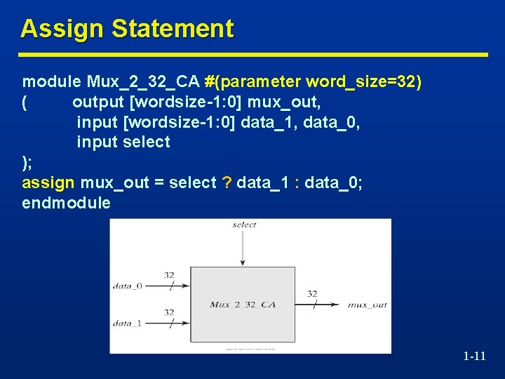 Assign Statement module Mux_2_32_CA #(parameter word_size=32) ( output [wordsize-1: 0] mux_out, input [wordsize-1: 0]