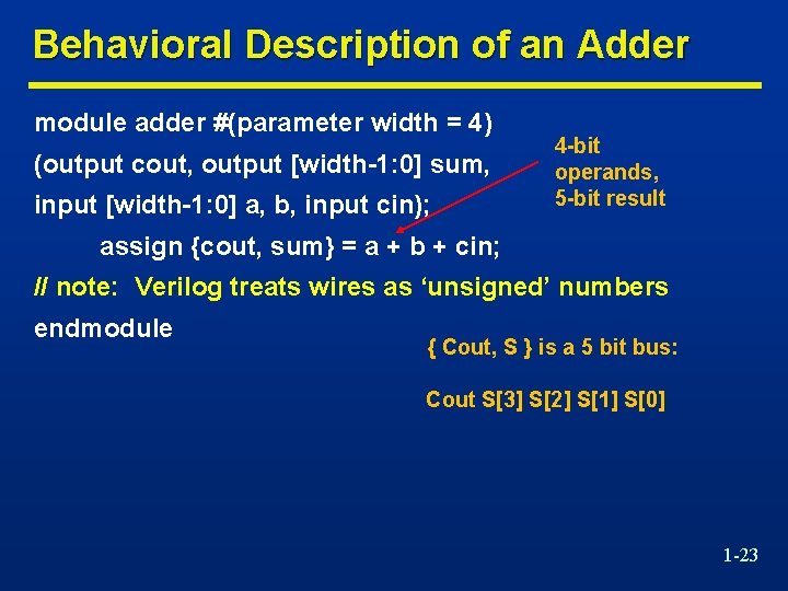 Behavioral Description of an Adder module adder #(parameter width = 4) (output cout, output