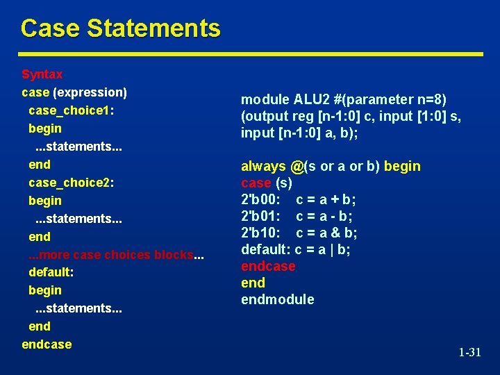 Case Statements Syntax case (expression) case_choice 1: begin. . . statements. . . end