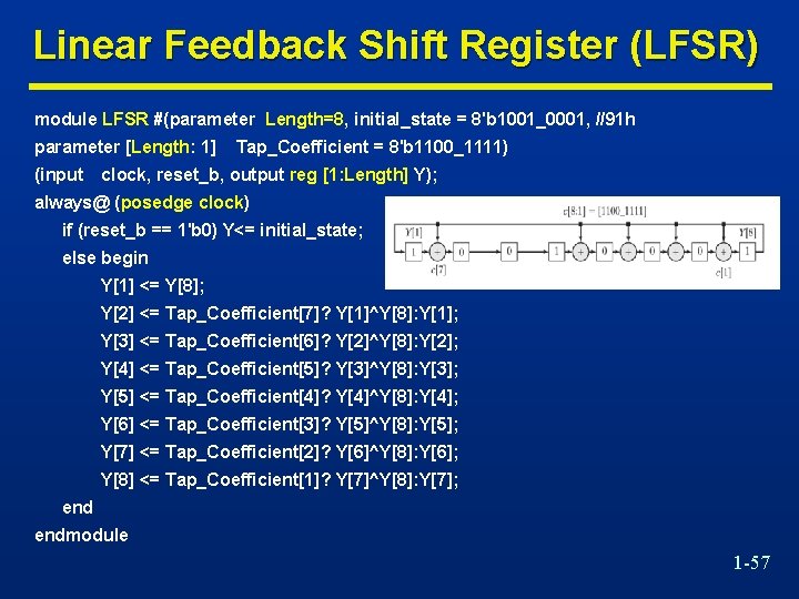 Linear Feedback Shift Register (LFSR) module LFSR #(parameter Length=8, initial_state = 8'b 1001_0001, //91