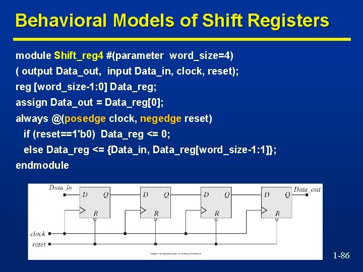 Behavioral Models of Shift Registers module Shift_reg 4 #(parameter word_size=4) ( output Data_out, input
