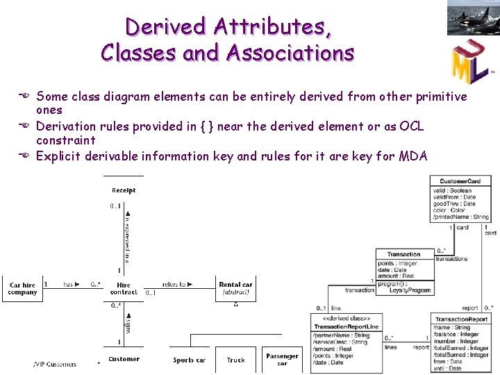 Derived Attributes, Classes and Associations E Some class diagram elements can be entirely derived
