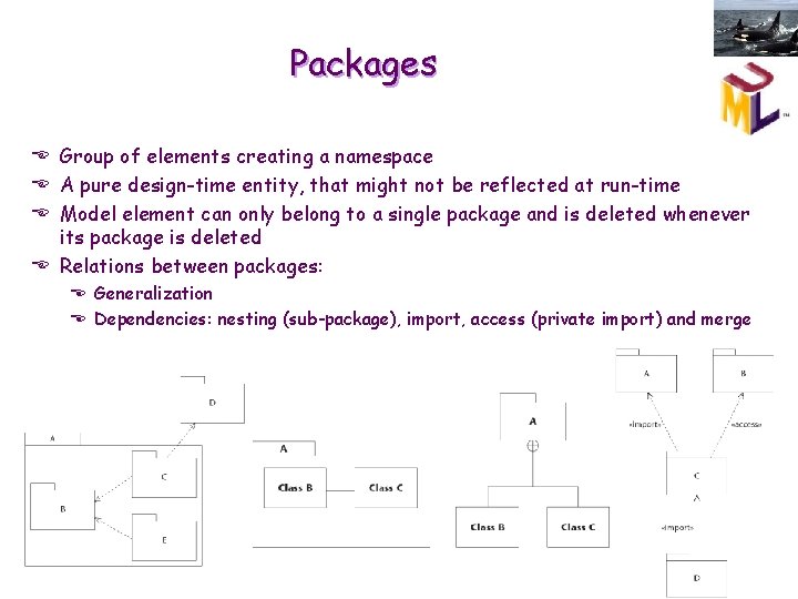 Packages E Group of elements creating a namespace E A pure design-time entity, that