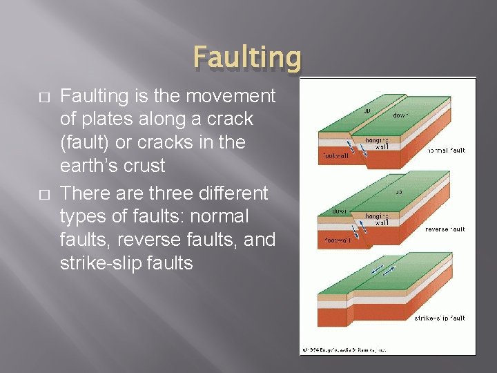 Faulting � � Faulting is the movement of plates along a crack (fault) or
