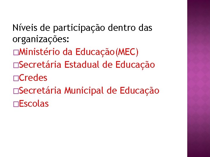 Níveis de participação dentro das organizações: �Ministério da Educação(MEC) �Secretária Estadual de Educação �Credes