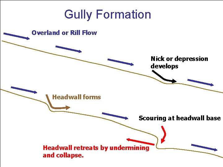 Gully Formation Overland or Rill Flow Nick or depression develops Headwall forms Scouring at