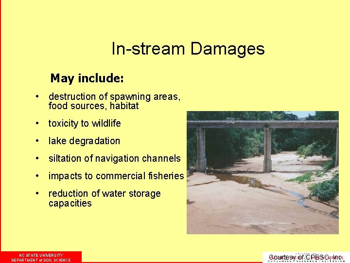 In-stream Damages May include: • destruction of spawning areas, food sources, habitat • toxicity