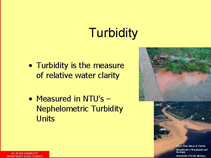 Turbidity • Turbidity is the measure of relative water clarity • Measured in NTU’s