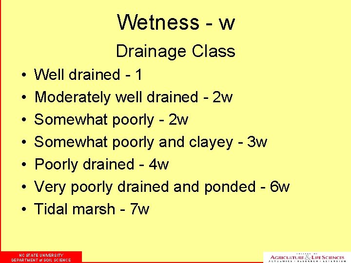 Wetness - w Drainage Class • • Well drained - 1 Moderately well drained
