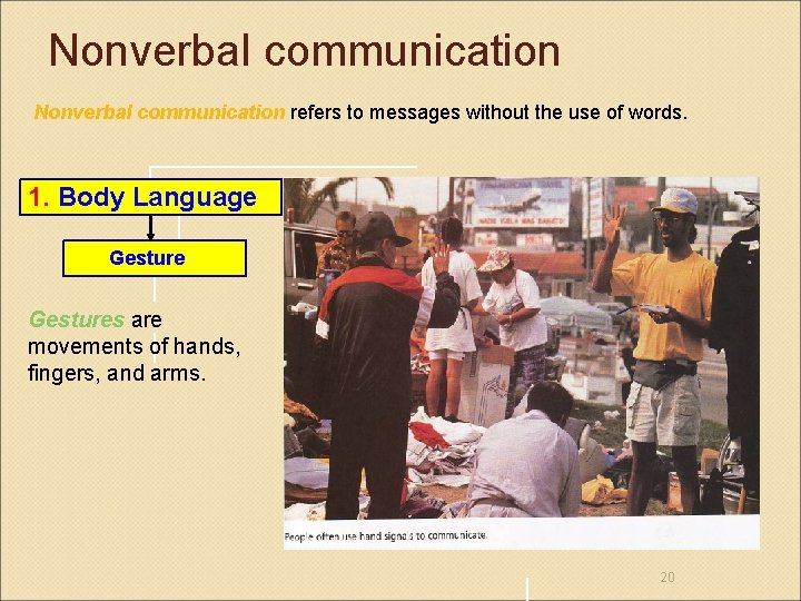 Nonverbal communication refers to messages without the use of words. 1. Body Language Gestures