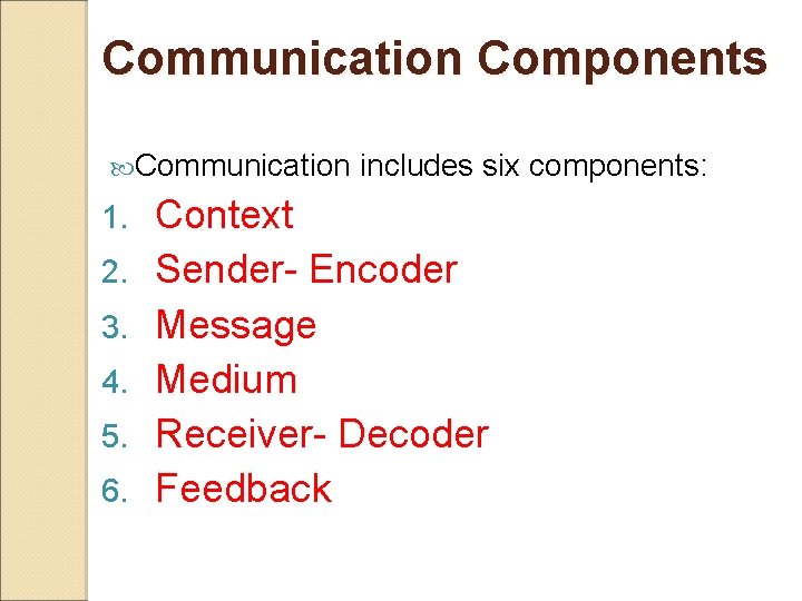 Communication Components Communication 1. 2. 3. 4. 5. 6. includes six components: Context Sender-