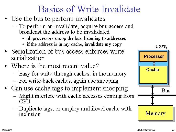 Basics of Write Invalidate • Use the bus to perform invalidates – To perform