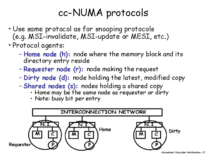 cc-NUMA protocols • Use same protocol as for snooping protocols (e. g. MSI-invalidate, MSI-update