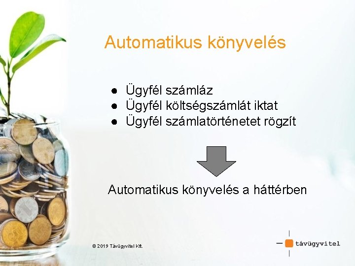 Automatikus könyvelés ● Ügyfél számláz ● Ügyfél költségszámlát iktat ● Ügyfél számlatörténetet rögzít Automatikus