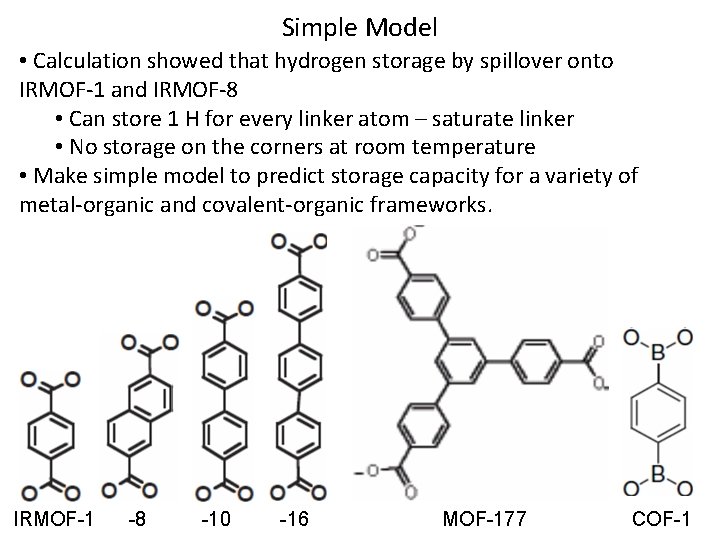 Simple Model • Calculation showed that hydrogen storage by spillover onto IRMOF-1 and IRMOF-8