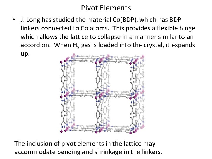 Pivot Elements • J. Long has studied the material Co(BDP), which has BDP linkers