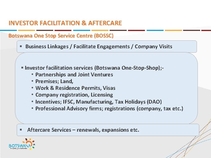 INVESTOR FACILITATION & AFTERCARE Botswana One Stop Service Centre (BOSSC) § Business Linkages /