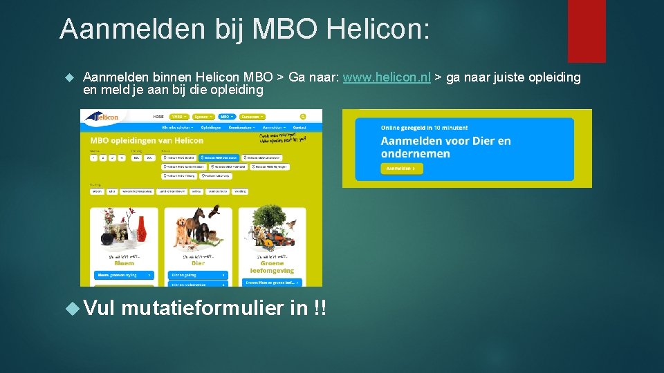 Aanmelden bij MBO Helicon: Aanmelden binnen Helicon MBO > Ga naar: www. helicon. nl