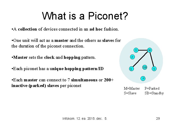 What is a Piconet? • A collection of devices connected in an ad hoc