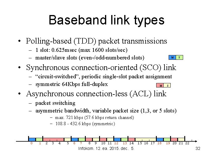 Baseband link types • Polling-based (TDD) packet transmissions – 1 slot: 0. 625 msec