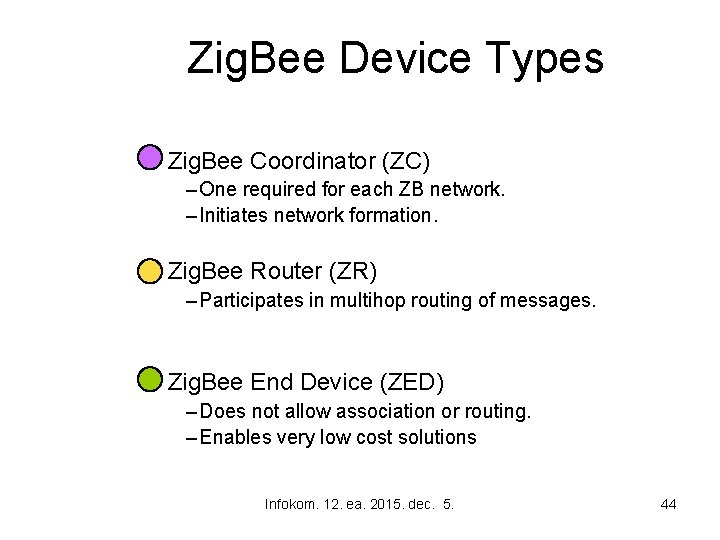 Zig. Bee Device Types • Zig. Bee Coordinator (ZC) – One required for each