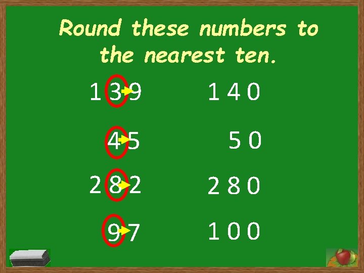 Round these numbers to the nearest ten. 139 140 45 50 282 280 97