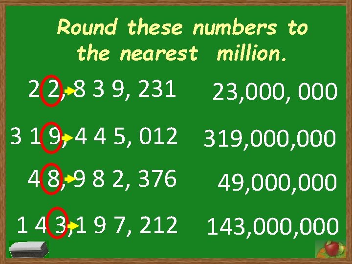 Round these numbers to the nearest million. 2 2, 8 3 9, 231 23,