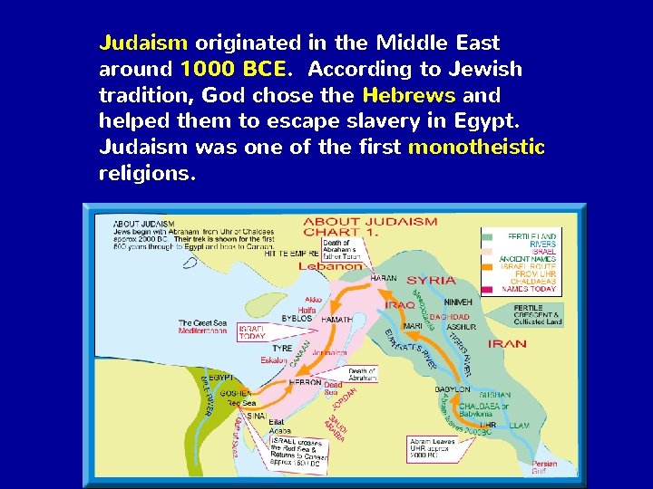 Judaism originated in the Middle East around 1000 BCE. According to Jewish tradition, God
