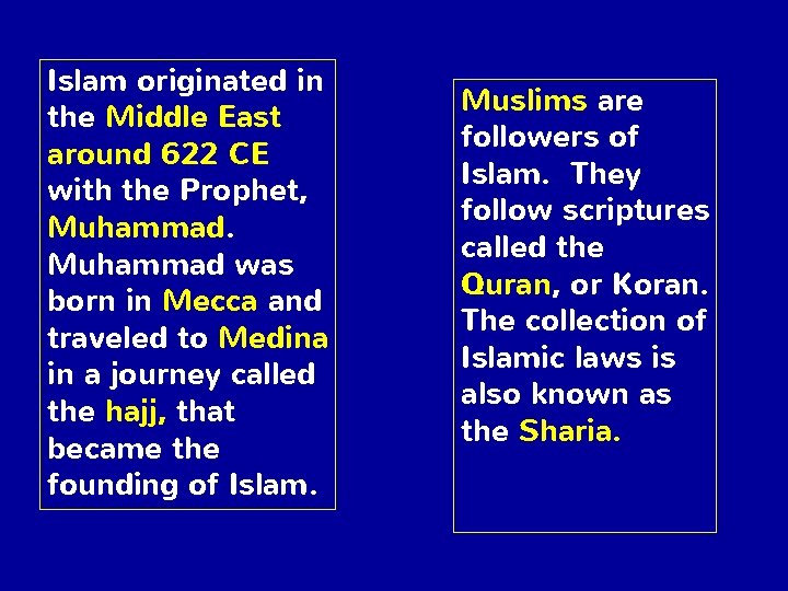 Islam originated in the Middle East around 622 CE with the Prophet, Muhammad was
