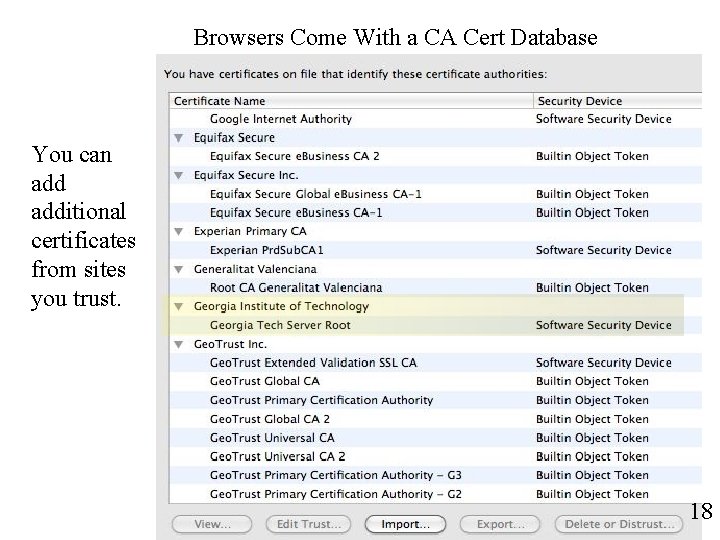 Browsers Come With a CA Cert Database You can additional certificates from sites you