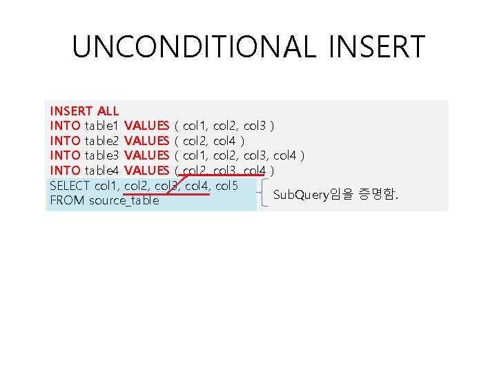 UNCONDITIONAL INSERT ALL INTO table 1 VALUES ( col 1, col 2, col 3 UNCONDITIONAL INSERT ALL INTO table 1 VALUES ( col 1, col 2, col 3