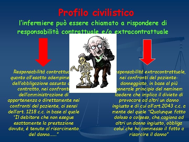 Profilo civilistico l’infermiere può essere chiamato a rispondere di responsabilità contrattuale e/o extracontrattuale Responsabilità