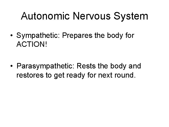 Autonomic Nervous System • Sympathetic: Prepares the body for ACTION! • Parasympathetic: Rests the