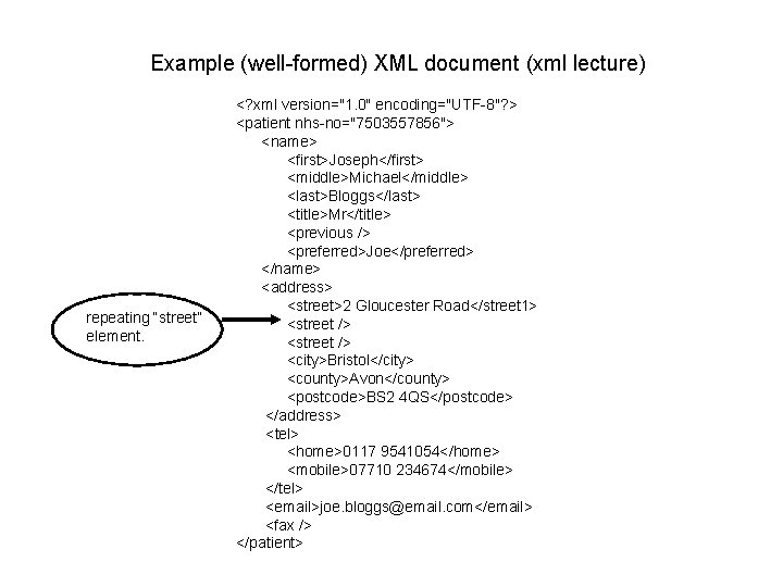 Example (well-formed) XML document (xml lecture) repeating “street” element. <? xml version="1. 0" encoding="UTF-8"?