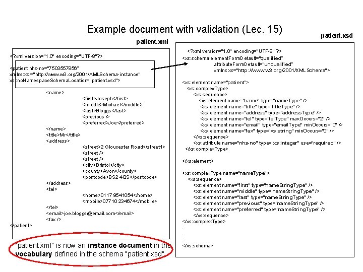Example document with validation (Lec. 15) patient. xml <? xml version="1. 0" encoding="UTF-8"? >