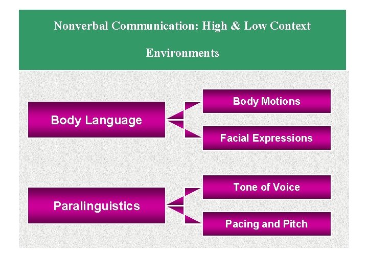 Nonverbal Communication: High & Low Context Environments Body Motions Body Language Facial Expressions Tone