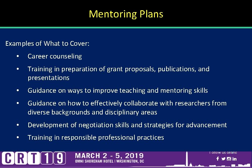 Mentoring Plans Examples of What to Cover: • Career counseling • Training in preparation