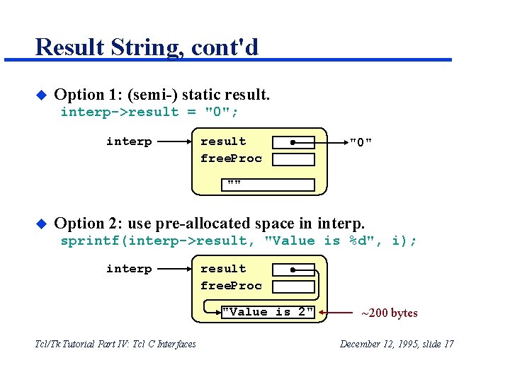 Result String, cont'd u Option 1: (semi-) static result. interp->result = "0"; interp result Result String, cont'd u Option 1: (semi-) static result. interp->result = "0"; interp result
