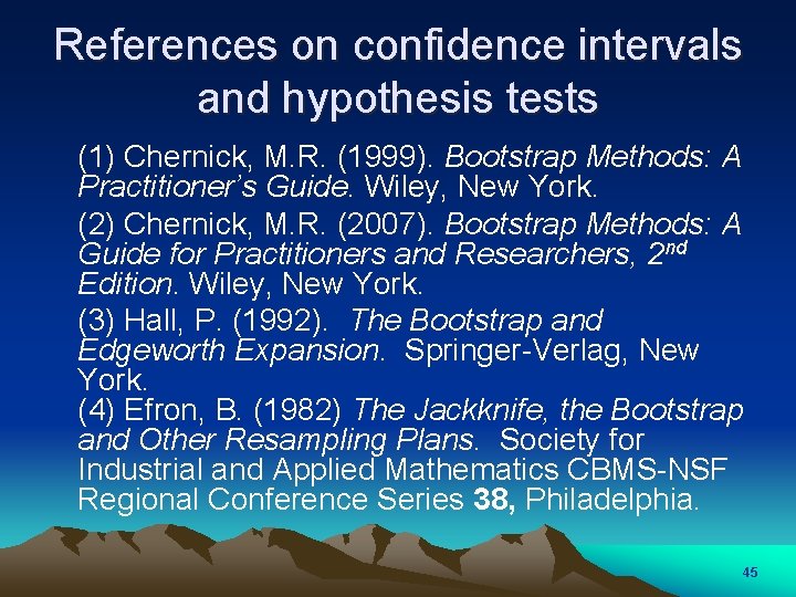 References on confidence intervals and hypothesis tests (1) Chernick, M. R. (1999). Bootstrap Methods: