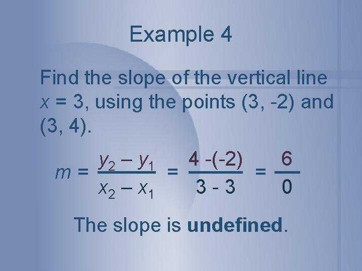Example 4 Find the slope of the vertical line x = 3, using the
