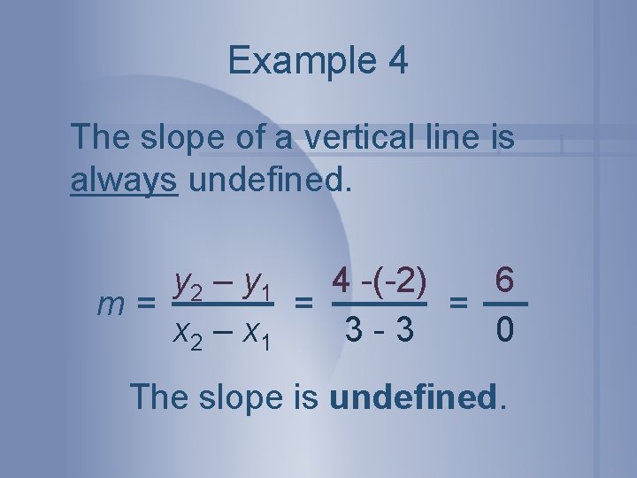 Example 4 The slope of a vertical line is always undefined. y 2 –