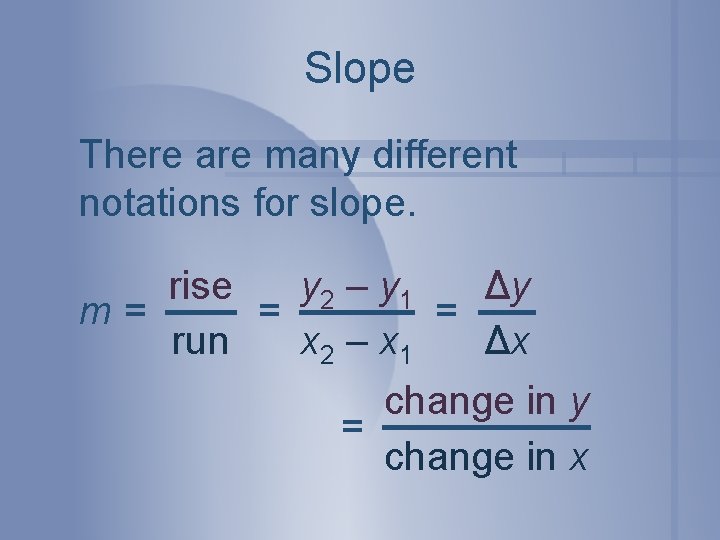Slope There are many different notations for slope. rise y 2 – y 1
