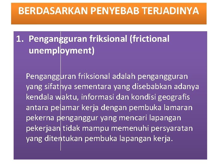 BERDASARKAN PENYEBAB TERJADINYA 1. Pengangguran friksional (frictional unemployment) Pengangguran friksional adalah pengangguran yang sifatnya