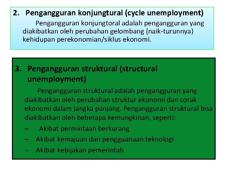 2. Pengangguran konjungtural (cycle unemployment) Pengangguran konjungtoral adalah pengangguran yang diakibatkan oleh perubahan gelombang